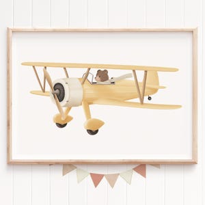 Stampa per bambini con aeroplano giallo vintage - Simpatico orso pilota da parete per la cameretta dei bambini, decorazione per neonati maschietti