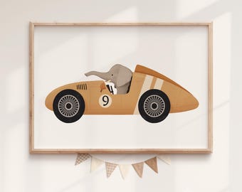 Elephant Racing Car Nursery Print: Whimsical Safari Animal Art