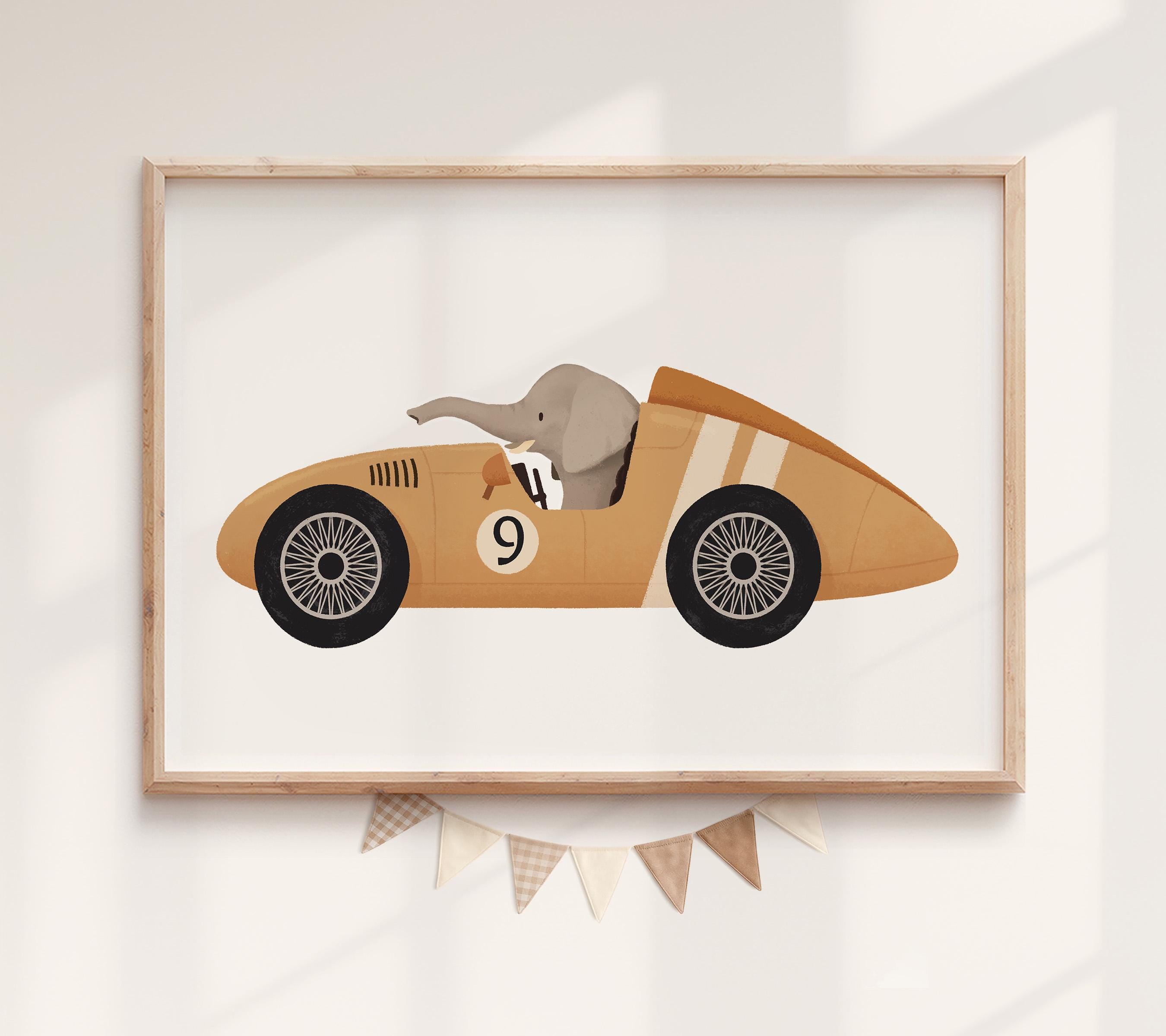 Elphant Racing A Rabbit Elephant Racing Car Nursery Print: Whimsical Safari Animal Art - Etsy