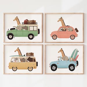 Nursery Wall Prints Set of 4 – Woodland Safari Animals Driving Cars, Kids Room Decor
