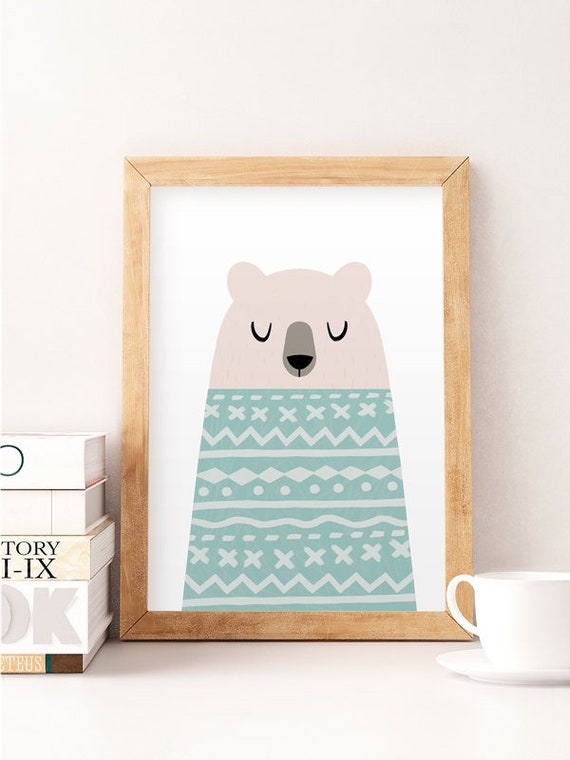 Bear print, White bear, Nursery poster, Kids wall art, Cute art, Kids room prints, Pastel colors, Baby nursery decor, Kids illustration