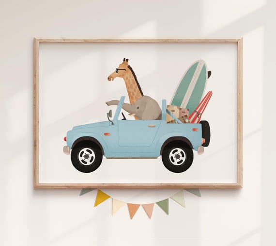 Whimsical Animal Car Print – Nursery Wall Art for Baby Room