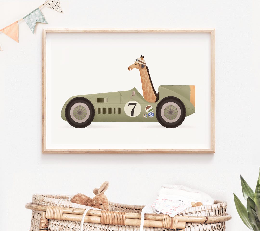 Animal Racing Car Nursery Wall Art – Gender-neutral Baby Room Decor ...