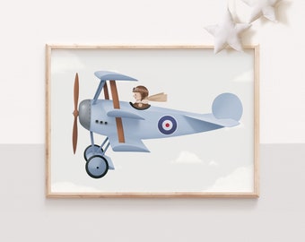 Nursery wall art, Plane print, Biplane print, Vintage airplane, Airplane art, Nursery airplane, Airplane kids, blue nursery, Plane wall art