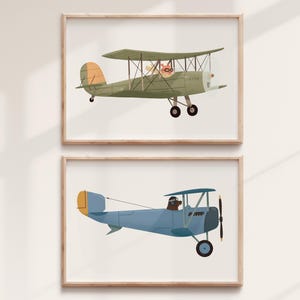 Vintage Airplane Nursery Art – Set of Two Aviation Wall Decor for Baby Room, Boys Room