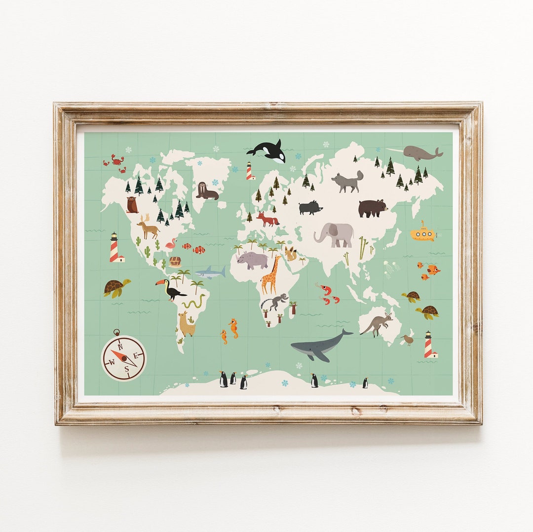 World Map Print, Nursery World Map, Nursery Wall Art, Map Wall Art