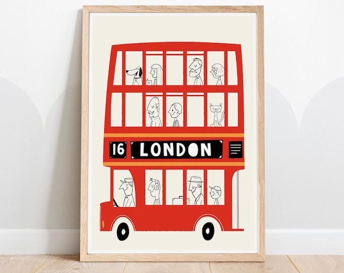 London Bus Nursery Print – Red Double-Decker Wall Art for Kids Room, Playroom