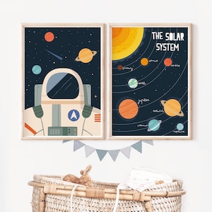 Set di stampe da parete per la cameretta dei bambini con astronauta, stampe a tema spaziale per la decorazione della cameretta dei bambini, set da 2, arte per la cameretta dei bambini con sistema solare
