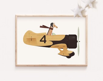 Airplane decor, Airplane canvas wall art, Animal prints, Cute animals, Children wall hanging, Playroom wall decor, Pilot animal print