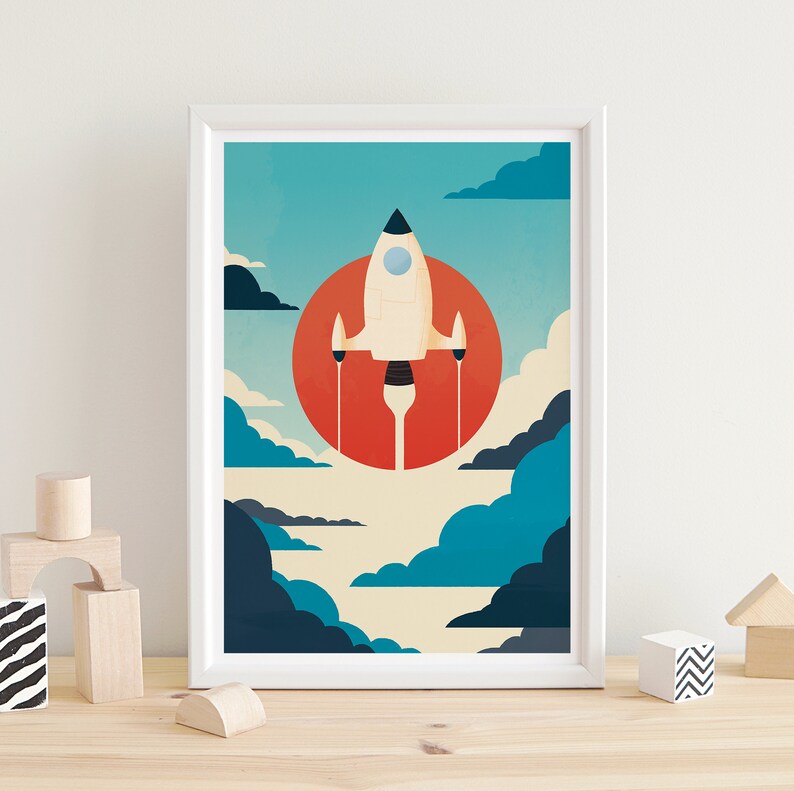 Space print, Spaceship art, Nursery wall art, Nursery wall decor, Retro nursery, Vintage nursery, Kids room art, Kids room decor, Artwork image 2