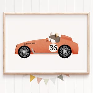 Whimsical animals, Animals wall art, Racing car nursery, baby room decor, Baby room wall, Vintage race car, Animal print, Gender neutral art