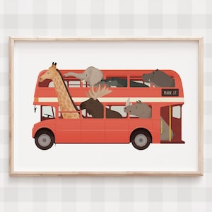 Bus nursery print, London bus, Whimsical animals, Kids room decor, Red bus print, Gender neutral art, Animals wall art, Animals on a car
