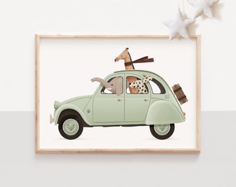 Whimsical animals, Funny animals art, Nursery animals art, Animals on cars, Elephant nursery art, Giraffe children art, Kids room decor