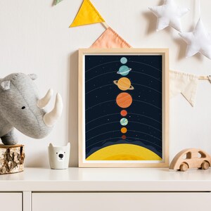 May include: A framed print of a colorful illustration of the solar system with the sun at the bottom and the planets in a line above it. The planets are depicted in a cartoon style with different colors and patterns. The background is a dark blue with stars.