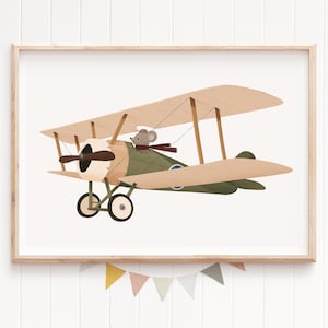 Arte murale vintage per bambini con biplano, stampa di aeroplano verde con topo pilota, decorazione per la cameretta dei bambini a tema aviazione, arte stravagante per la camera dei ragazzi