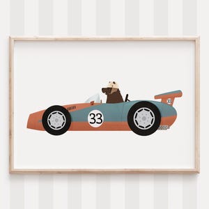 Stampa orso, Asilo nido con animali, animali stravaganti, Animale auto da corsa, Stampa auto con animali, Arte murale per la cameretta dei bambini, Animali per la cameretta dei bambini, Cameretta per neonati
