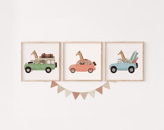Set of prints, Nursery set, Whimsical animals, Cars kids, Wall art set, Nursery art, Animals on cars, Set of three, Nursery decor, Wallart