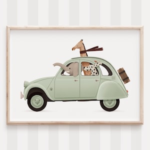 Arte stravagante con animali da auto, decorazioni per la cameretta dei bambini con elefanti e giraffe, divertenti decorazioni murali per la cameretta dei bambini, illustrazioni di animali giocosi, decorazioni murali per bambini