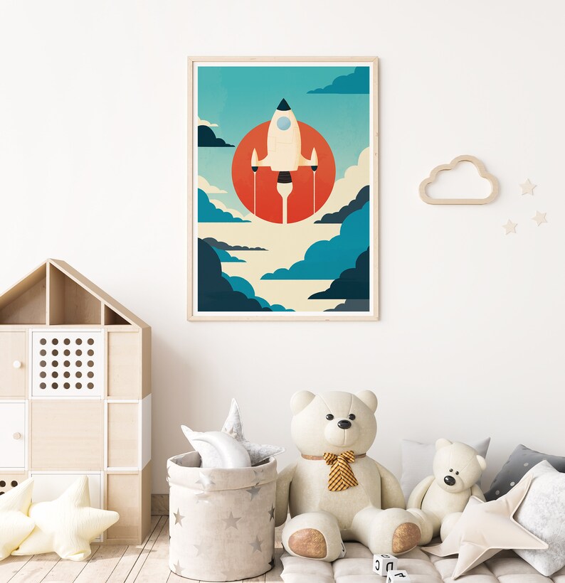 Space print, Spaceship art, Nursery wall art, Nursery wall decor, Retro nursery, Vintage nursery, Kids room art, Kids room decor, Artwork image 4