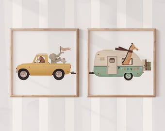 Camper Truck Animal Nursery Print – Giraffe & Bear Wall Decor for Baby Room and Playroom