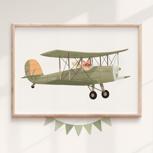 Djurtryck med flygplan – Nyckfull väggkonst med barnrum, flygdekoration för barnrum