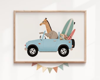 Whimsical Safari Animals on Blue Truck Print – Nursery Wall Art, Baby Room Decor