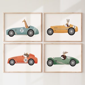 Conjunto de pôsteres vintage de carros com animais para quarto de bebê – Arte de parede lúdica para quarto infantil