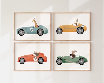 Set di stampe per cameretta con animali vintage e auto - Arte murale stravagante per la cameretta dei bambini