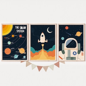 Educatieve poster zonnestelsel – ruimtedecor voor kinderkamer, kinderkamer muurkunst print – astronaut en ruimteschip print