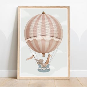 Safari Animals in Hot Air Balloon, Giraffe and Elephant Nursery Wall Art, Balloon Baby Room Decor, Playroom Prints, Gender-Neutral Kids art