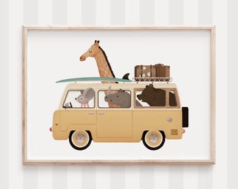 Whimsical Animal Nursery Print: Bear, Giraffe, Safari Van (Digital Download)