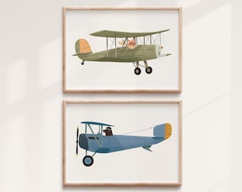 Vintage Airplane Nursery Art – Set of Two Aviation Wall Decor for Baby Room, Boys Room