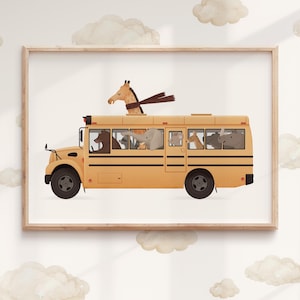 Stampa artistica con animali da safari e scuolabus per bambini: decorazione giocosa per la cameretta dei bambini