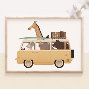 Van nursery, Funny animals art, Nursery animals art, Animals on cars, Bear nursery art, Giraffe children art, Kids room decor, Children art