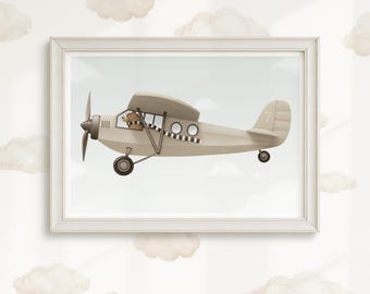 Barnrumstryck med björnpilot och flygplan, väggkonst med vintageflyg, dekoration för pojkrum, nyckfull djurflygplansaffisch, barnrum med äventyrstema