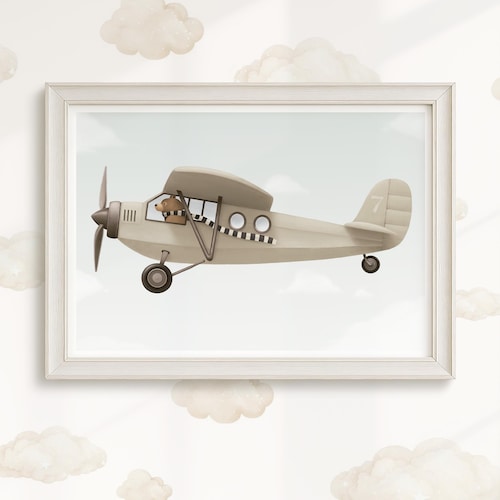 Impression de chambre d'enfant avion pilote d'ours, art mural aviation vintage, décoration de chambre de bébé garçon, affiche aviateur animaux lunatique, chambre d'enfant sur le thème de l'aventure