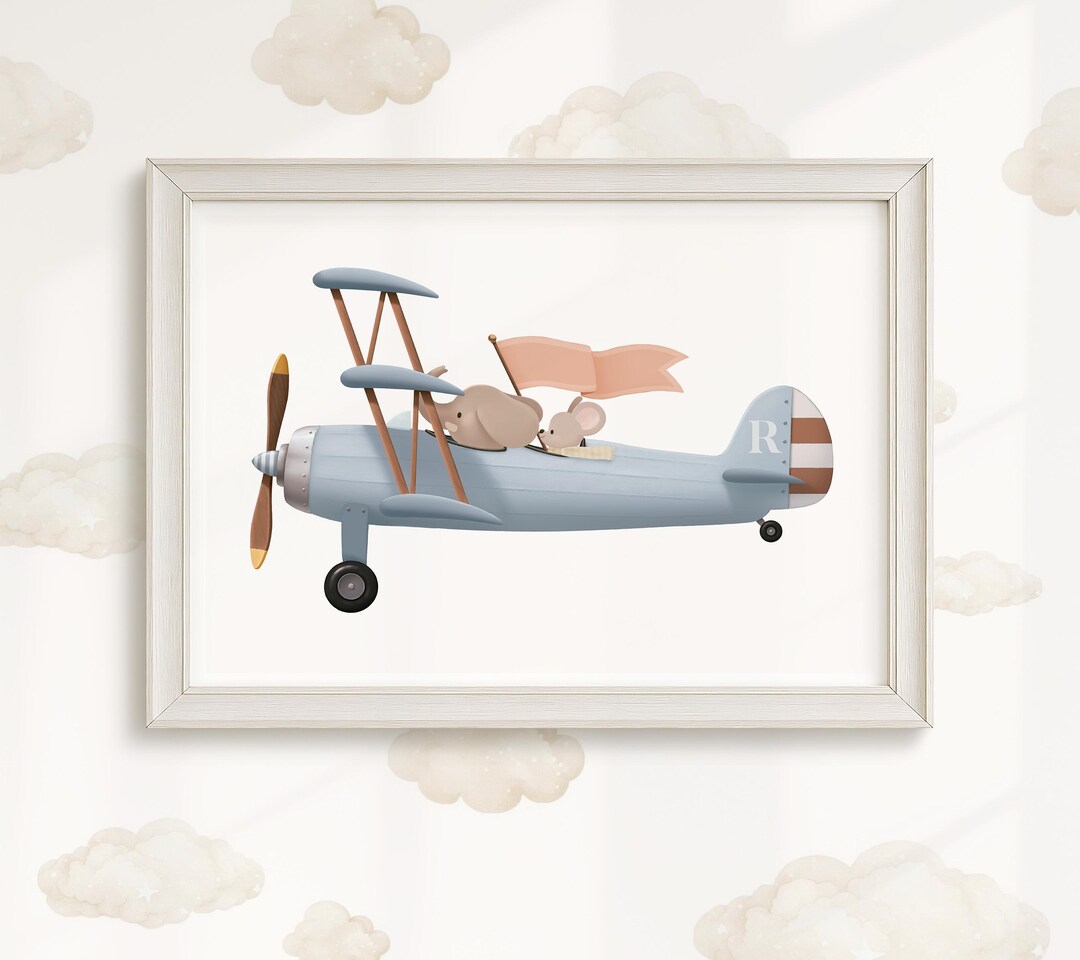 Elephant & Mouse Biplane Print: Nursery Adventure Animal Art, Kids ...