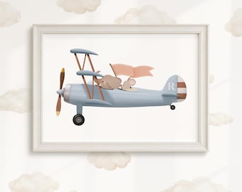 Elephant & Mouse Biplane Print: Nursery Adventure Animal Art, Kids Aviation Themed Wall Decor