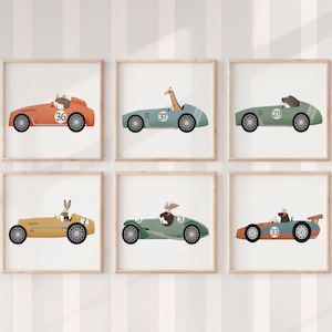 Animal Racing Car Prints – Whimsical Nursery Wall Art, Set of 6