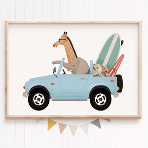 Lámina de coche para guardería, Arte de animales divertidos, Arte de animales para guardería, Animales en coches, Arte de elefantes para guardería, Arte infantil de jirafas, Decoración de habitaciones infantiles