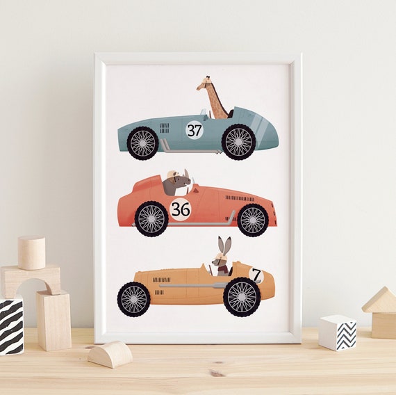 Vintage Cars Print, Animals in Cars, Whimsical Nursery, Kids Room