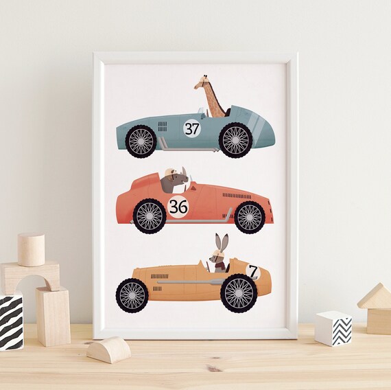 Vintage Cars Print, Animals in Cars, Whimsical Nursery, Kids Room