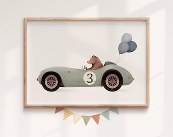 Sage Green Racing Car Nursery Print: Woodland animals art, Whimsical Bear, Kids Room Decor