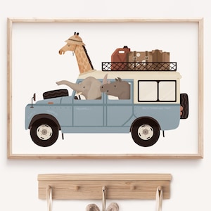 Safari Tier Auto Druck, niedliche Dschungeltiere Wandkunst, Kinderzimmer Safari Dekor, Baby Jungen Zimmer Wandkunst, Safari Auto Kinderzimmer Poster