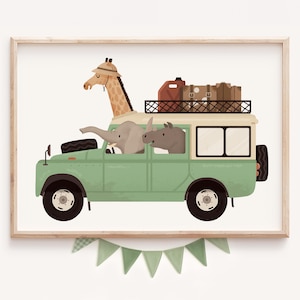 Safari animals, Funny animals art, Nursery animals art, Animals on cars, Elephant nursery art, Giraffe children art, Kids room decor