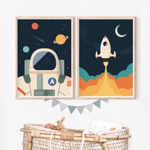 Set di stampe, Promozione, Stampa spaziale, Set per la cameretta dei bambini, Set di arte murale, Stampa astronauta, Arte per la cameretta dei bambini, Arte murale spaziale, Set di due, Arte astronauta