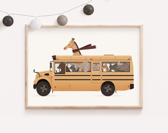 School bus, Whimsical animals, Nursery animals art, Animals on cars, Elephant nursery art, Giraffe children art, Kids room decor, Nursery