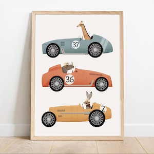 Vintage cars print, Animals in cars, Whimsical nursery, Kids room decor, Nursery wallart, Racing cars, Gender neutral, Cars wall art, Kids