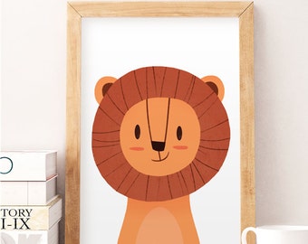 Lion illustration, Kids room art, Cute animals print, Animals wall art, Wall art, Baby room wall art, Safari prints, Cute wall decor