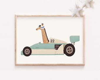 Racing car nursery, Race car vintage, Car baby room, Animal nursery,  Racing car animal, Animal car print, Racing car print, Giraffe nursery